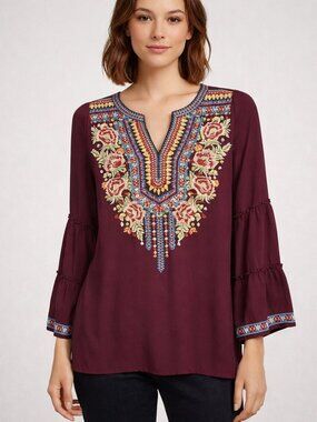 Savannah Jane Burgundy Embroidered Top S Split Neck Bell Sleeve Boho Chic